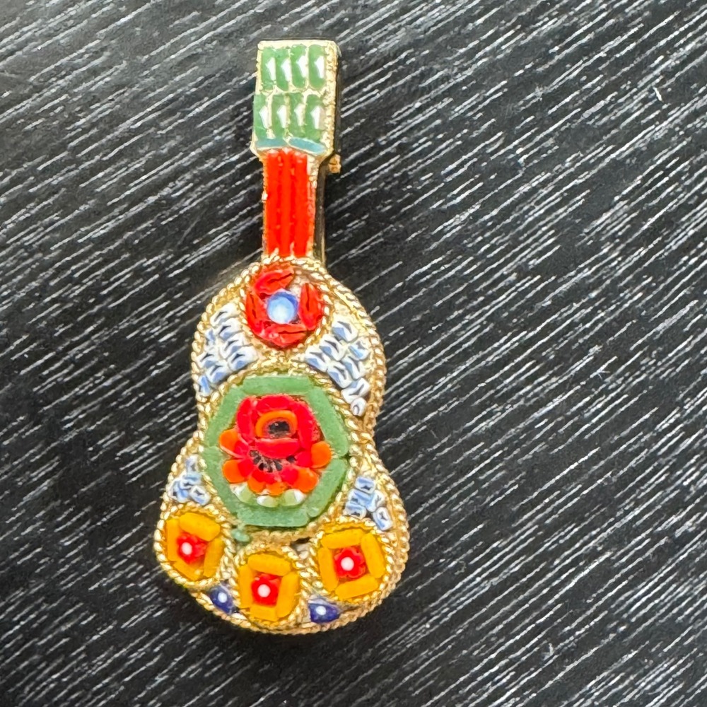 Vintage Italian Micro Mosaic Mandolin Guitar Brooch Gold Tone Italy Stamp 1960's